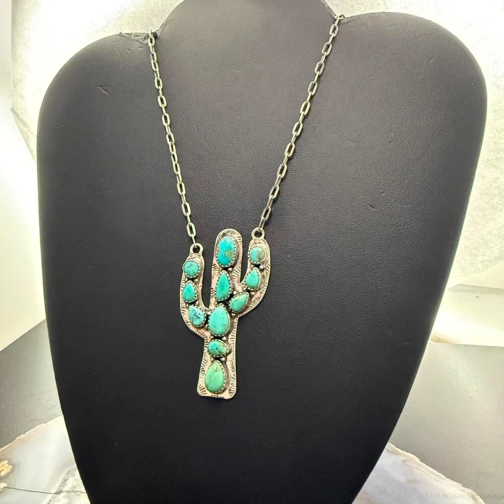 Sterling Southwestern Style Kingman Turquoise Cactus Pendant 22.5